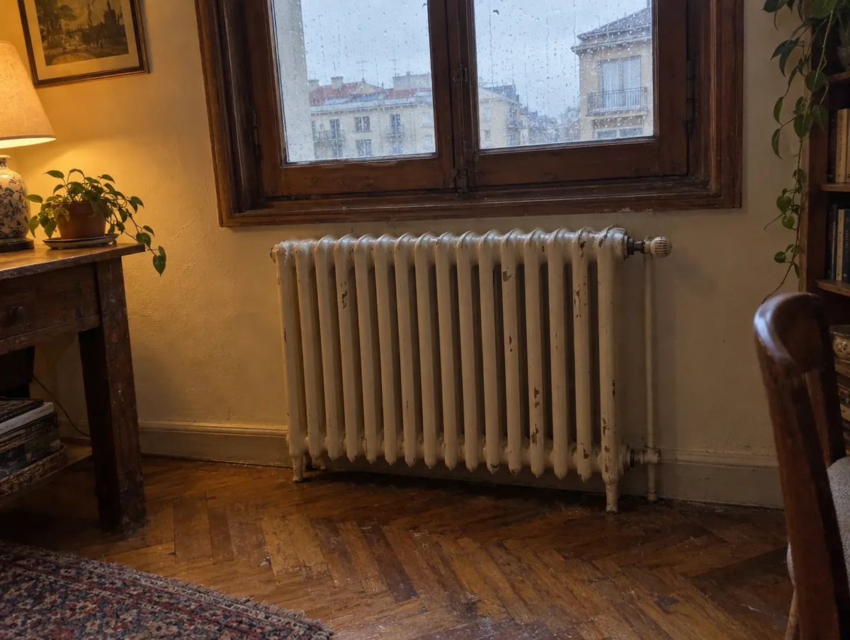 Radiador antiguo de hierro fundido de columnas, pintado de blanco crema, bajo una ventana de madera en un día de lluvia