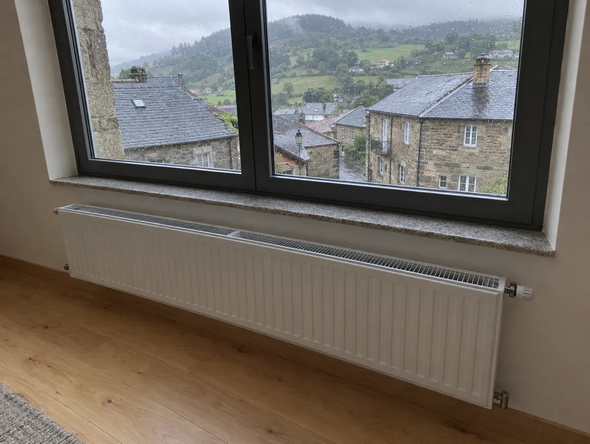 Radiador de panel de acero blanco, largo y bajo, bajo una ventana con vistas a casas de piedra y tejados de pizarra en un día de lluvia